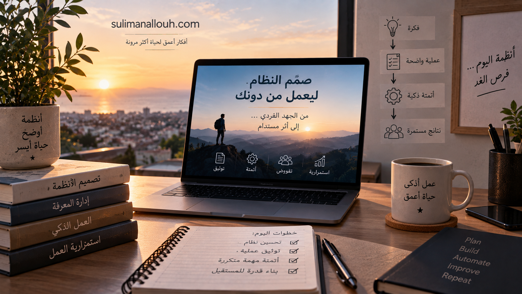 مساحة عمل عند شروق الشمس تضم حاسوبًا ودفتر تخطيط وكتبًا عن تصميم الأنظمة، مع مخطط يوضح الانتقال من فكرة إلى عملية واضحة ثم أتمتة ونتائج مستمرة، في تعبير عن بناء أنظمة تعمل دون الاعتماد على الحضور الدائم.