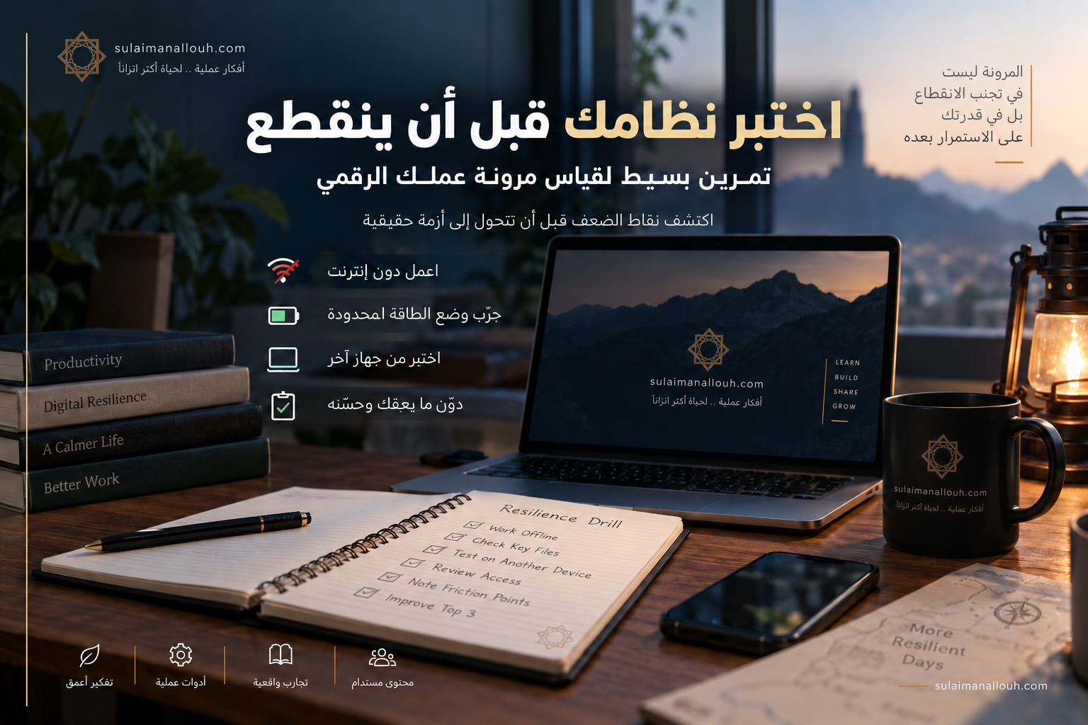 مساحة عمل رقمية تحمل هوية sulaimanallouh.com وتعرض تمرينًا عمليًا لاختبار استمرارية العمل عند انقطاع الإنترنت والطاقة.