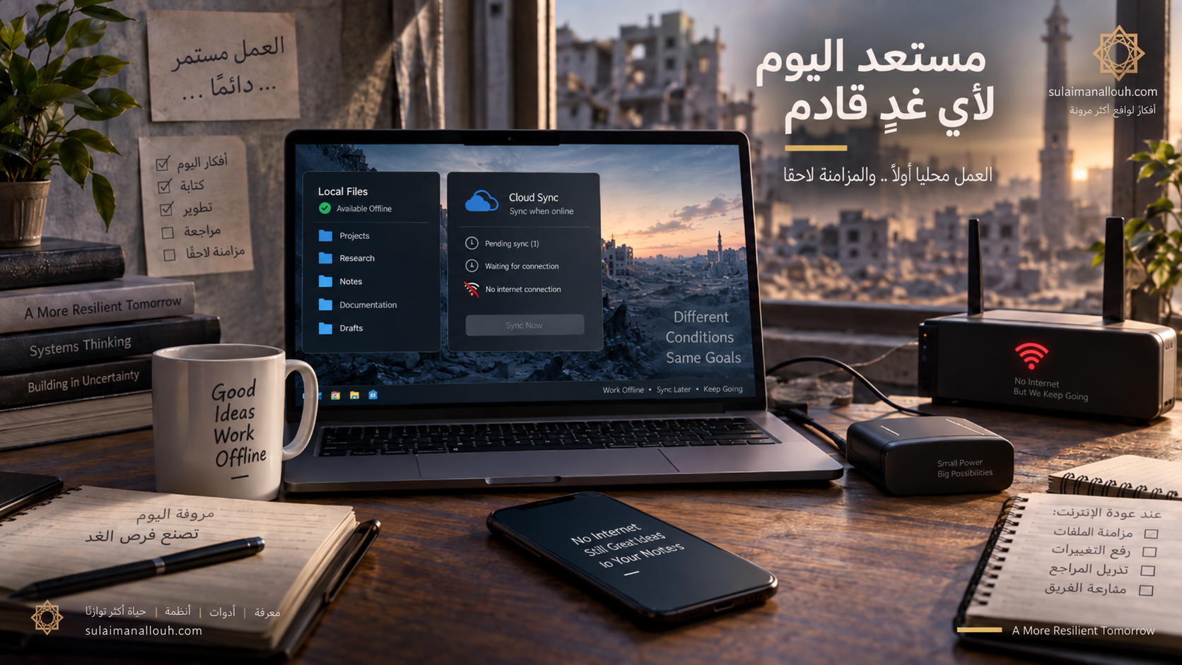 مساحة عمل رقمية تعرض ملفات محلية ومزامنة سحابية مؤجلة، تعبر عن مفهوم Local-First والعمل المستمر رغم انقطاع الإنترنت.