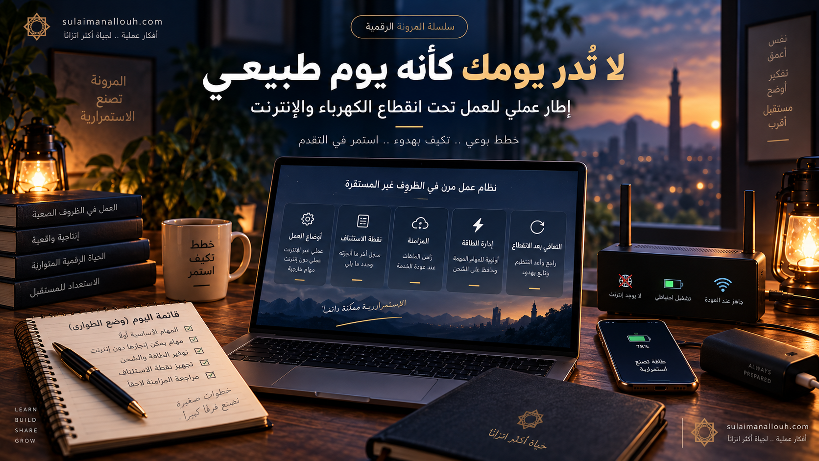 مساحة عمل رقمية مرنة تجمع الحاسوب والطاقة الاحتياطية والاتصال والملاحظات، وتعبّر عن إدارة العمل أثناء انقطاع الكهرباء والإنترنت.